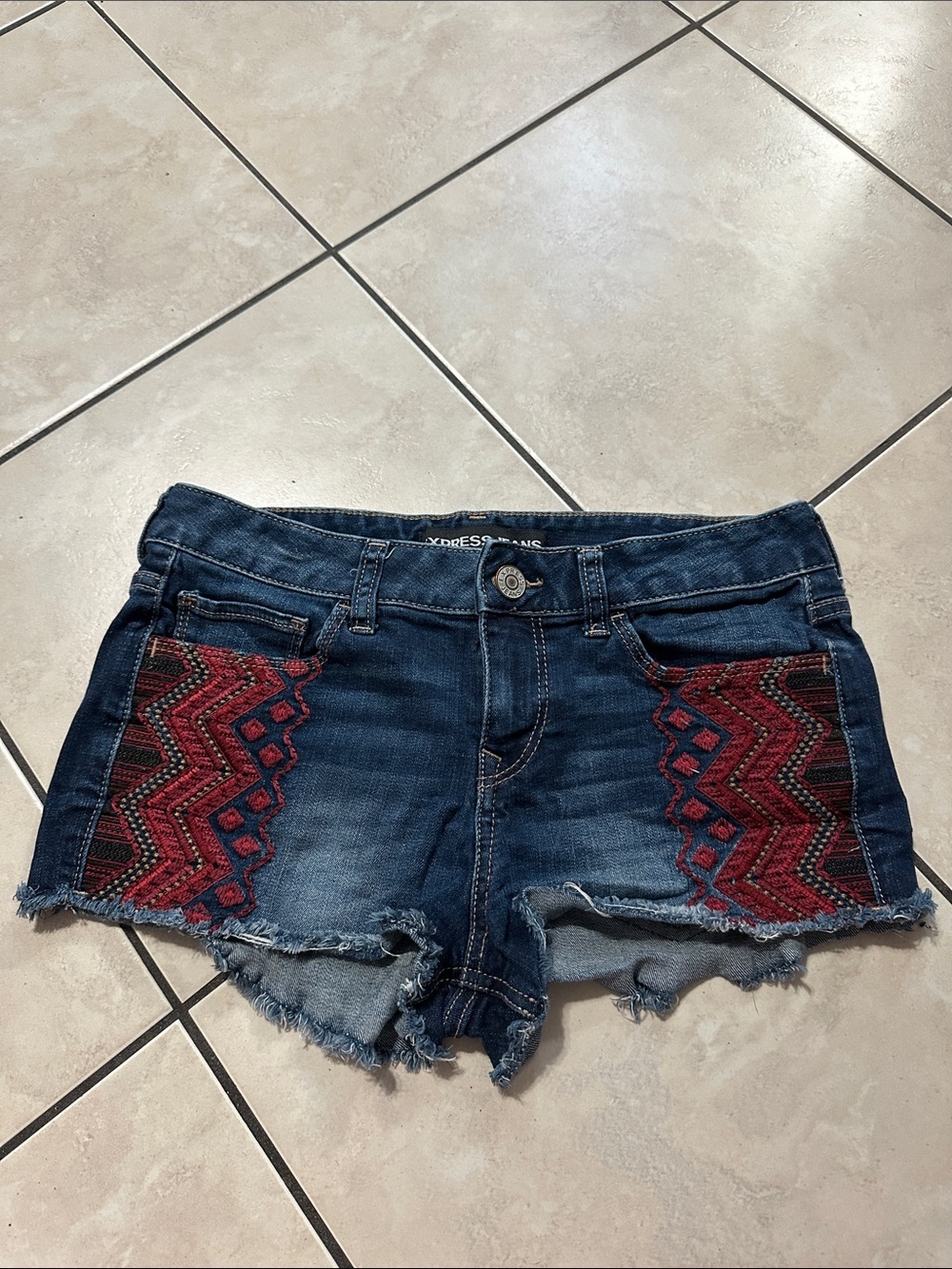 Express Dark Blue Denim Shorts with Red Embroidered Panels